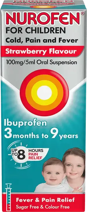 Nurofen for Children Cold, Pain and Fever – Strawberry Flavour 100mg/5mL Oral Suspension