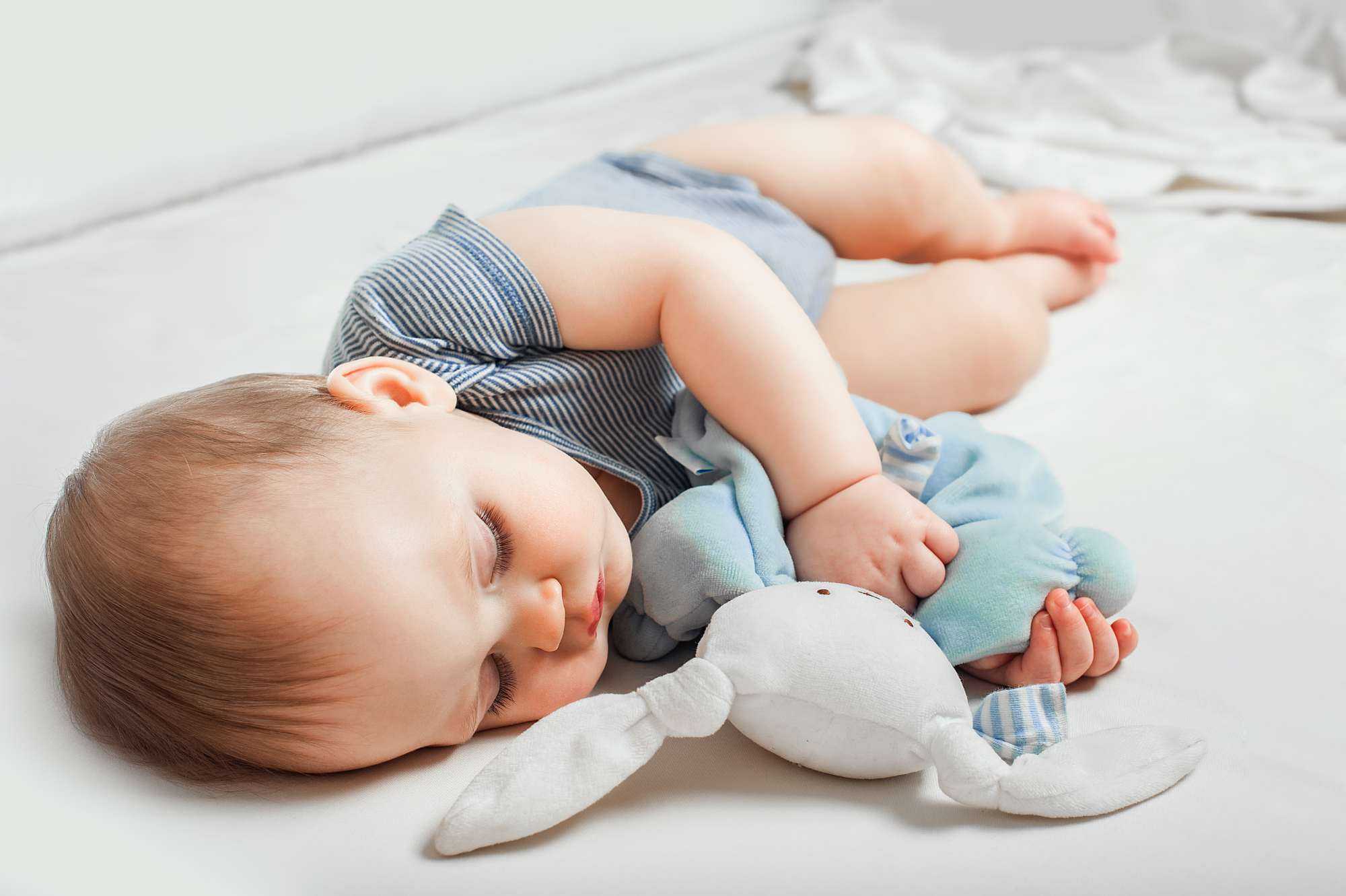 Baby in Blue Sleeping with Plushie